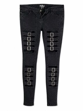 Tripp NYC Royal Bones Black Skinny Jeans with Buckle Strap Accents